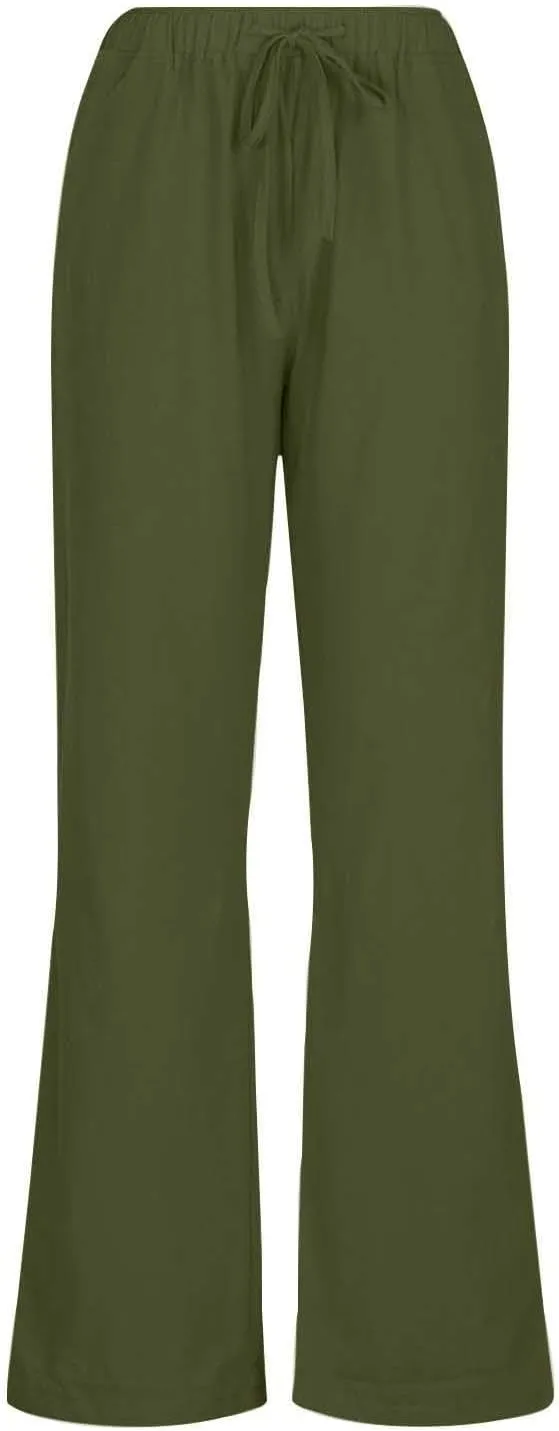 Womens Summer Cotton Pants Dressy Casual High Waisted Drawstring Lounge Trousers Loose Wide Legged Flwoy Beach Pant