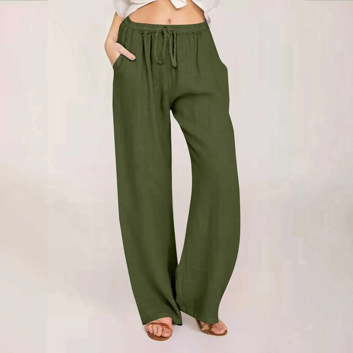 Womens Summer Cotton Pants Dressy Casual High Waisted Drawstring Lounge Trousers Loose Wide Legged Flwoy Beach Pant