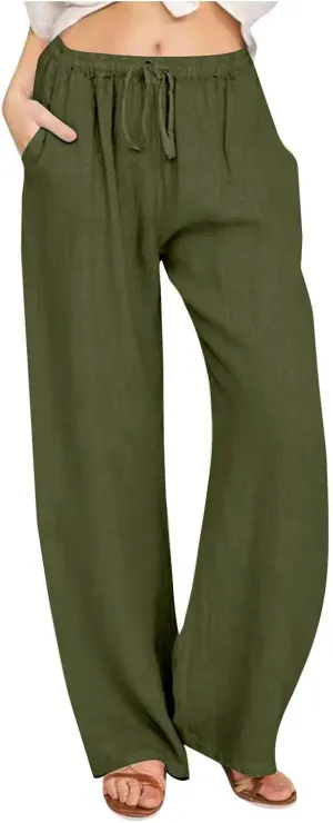 Womens Summer Cotton Pants Dressy Casual High Waisted Drawstring Lounge Trousers Loose Wide Legged Flwoy Beach Pant