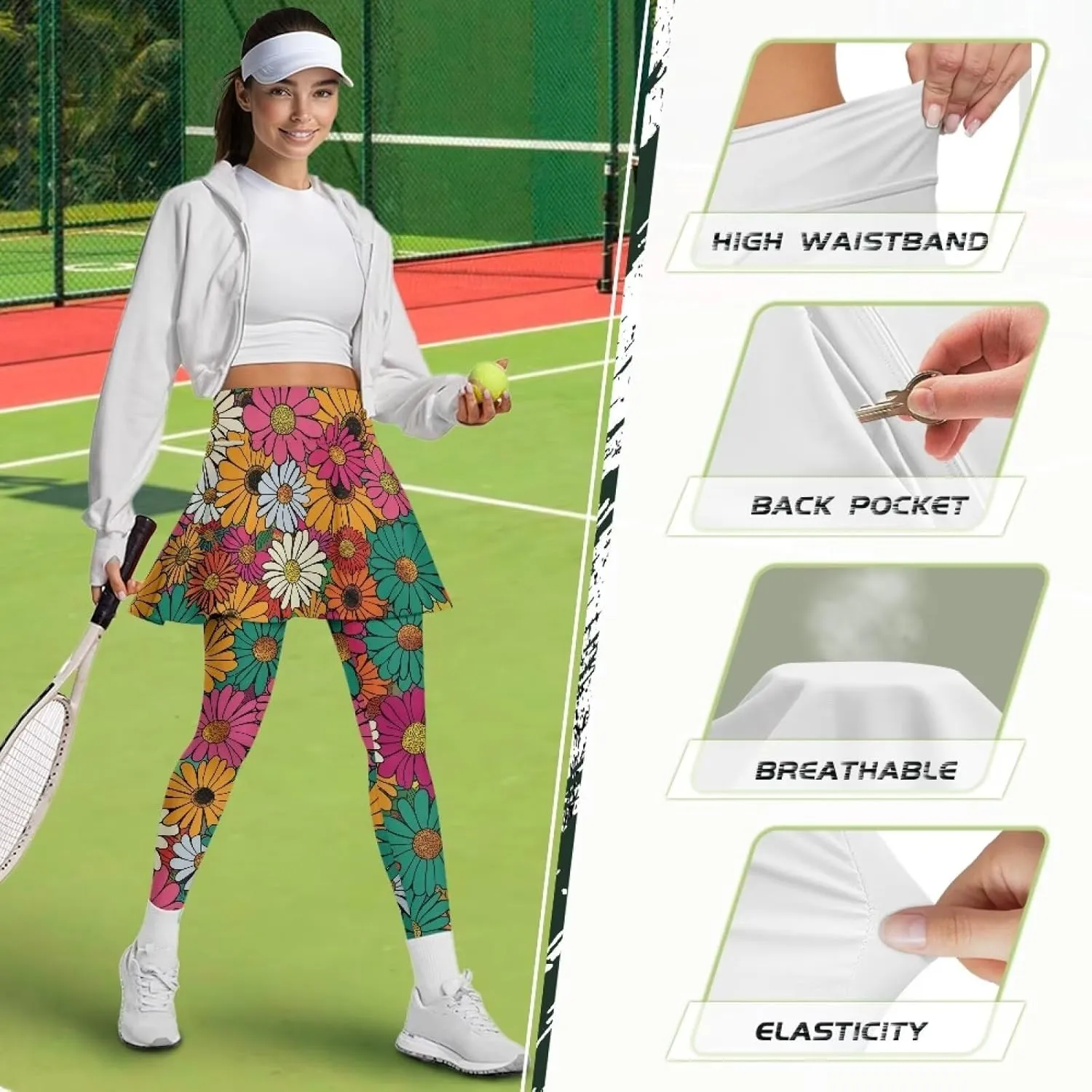 Women's Tennis Leggings with Skirts and Pockets - Soft, Comfortable Athletic Skirt with Leggings