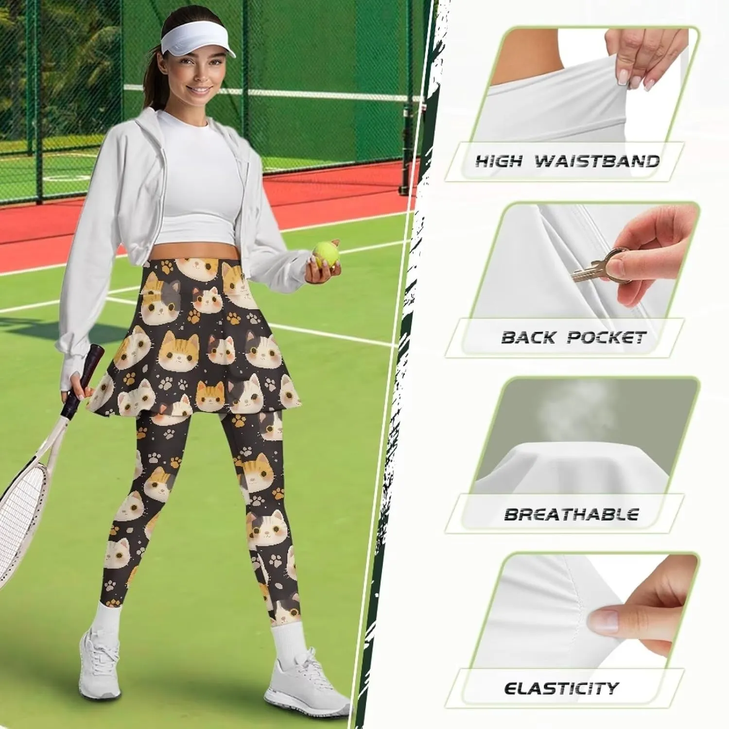 Women's Tennis Leggings with Skirts and Pockets - Soft, Comfortable Athletic Skirt with Leggings