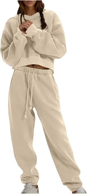Women's Two Piece Outfits Long Sleeve Crop Sweatshirt and Jogger Pants Lounge Sweatsuit Sets Tracksuit with Pockets