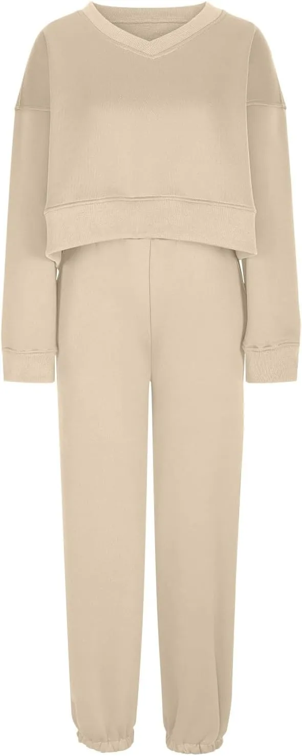 Women's Two Piece Outfits Long Sleeve Crop Sweatshirt and Jogger Pants Lounge Sweatsuit Sets Tracksuit with Pockets