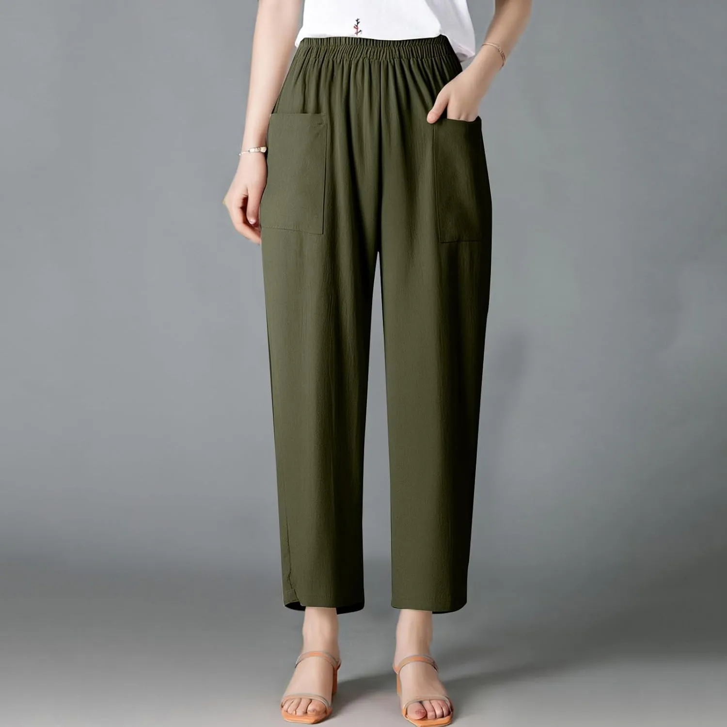 Womens Wide Leg Linen Pants Summer Elastic Waist Beach Pants Loose Fit Comfy Lounge Pants with Pockets Flowy Trousers