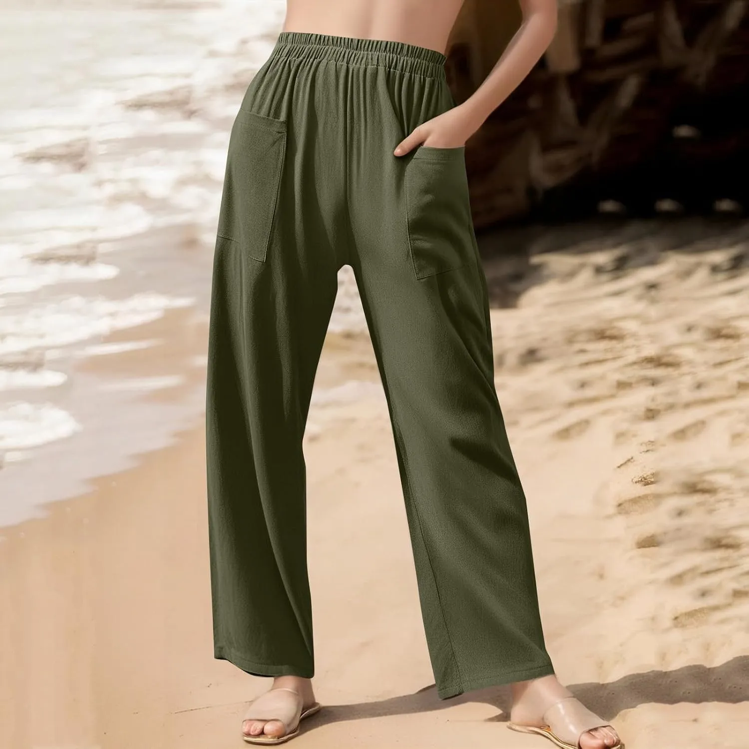 Womens Wide Leg Linen Pants Summer Elastic Waist Beach Pants Loose Fit Comfy Lounge Pants with Pockets Flowy Trousers