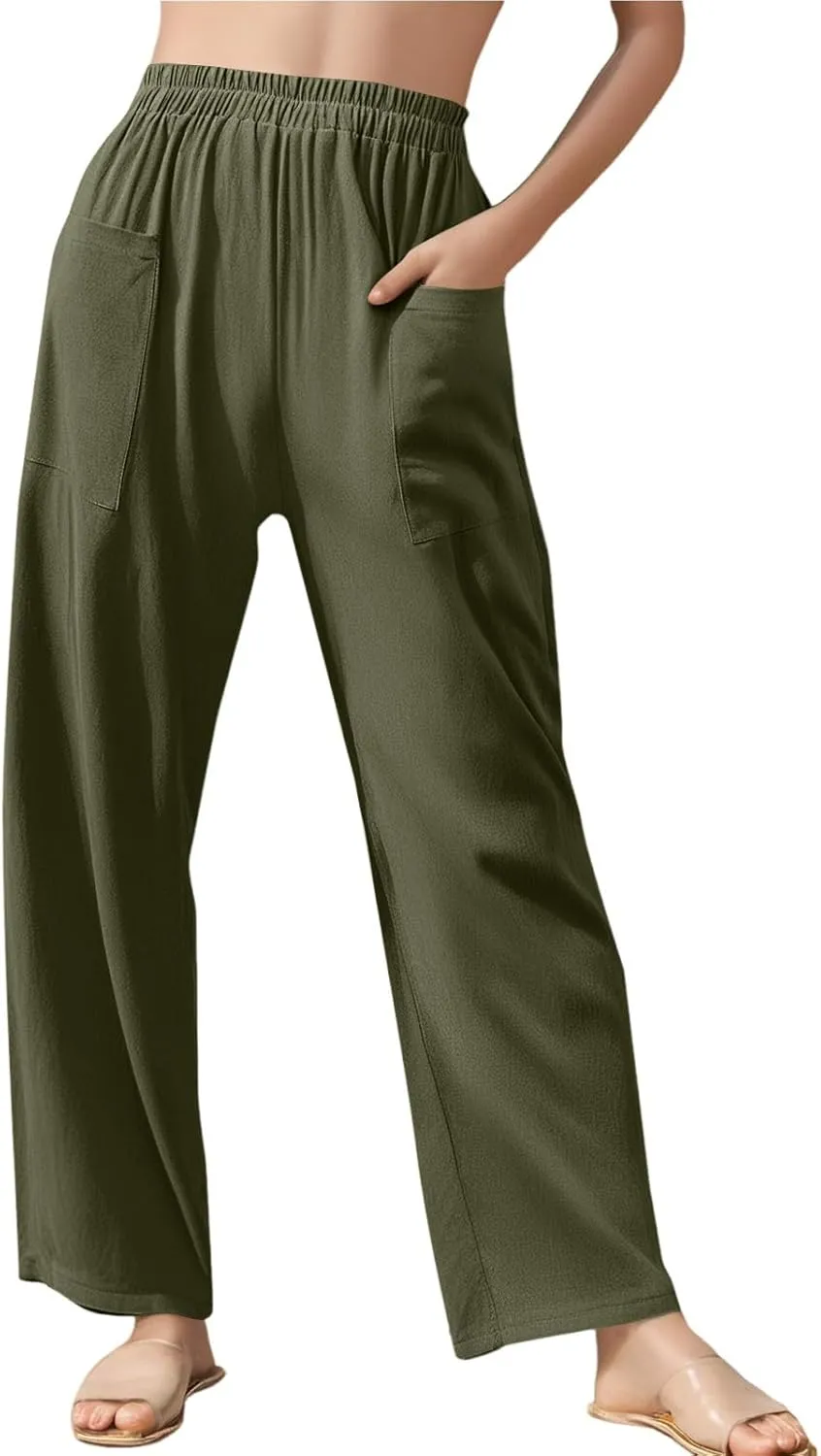 Womens Wide Leg Linen Pants Summer Elastic Waist Beach Pants Loose Fit Comfy Lounge Pants with Pockets Flowy Trousers