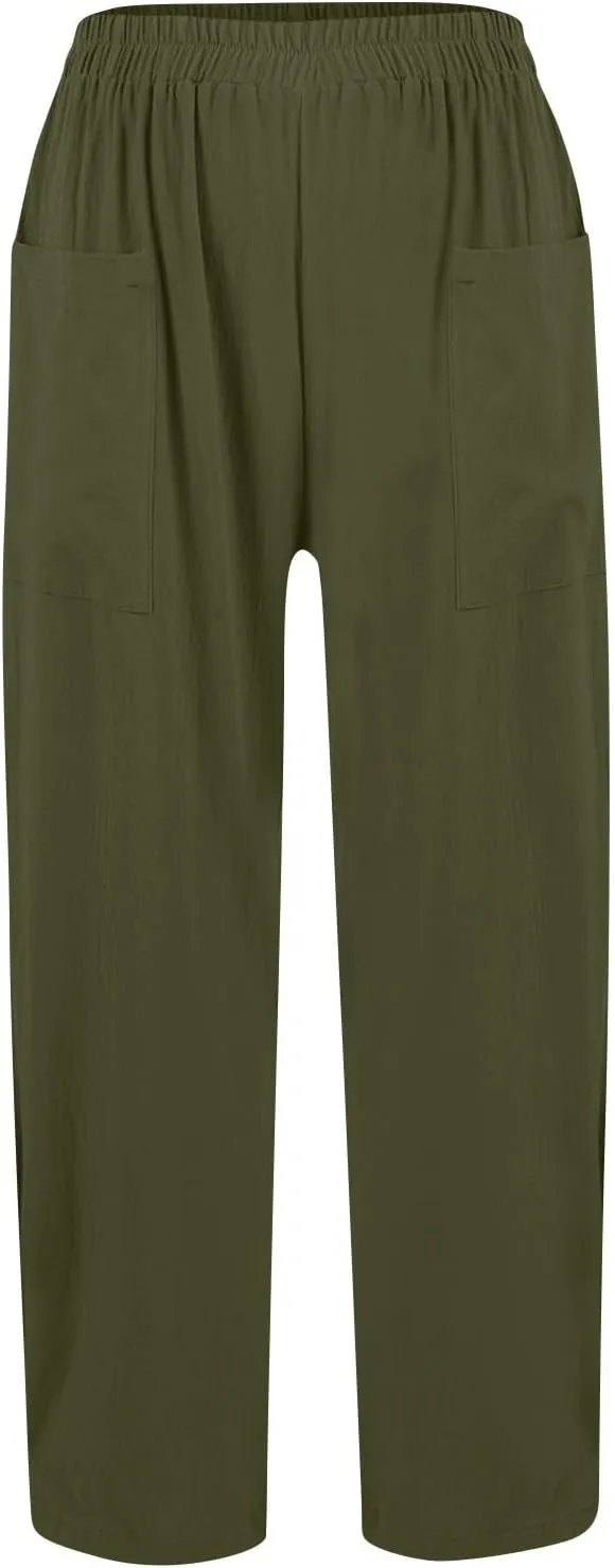 Womens Wide Leg Linen Pants Summer Elastic Waist Beach Pants Loose Fit Comfy Lounge Pants with Pockets Flowy Trousers