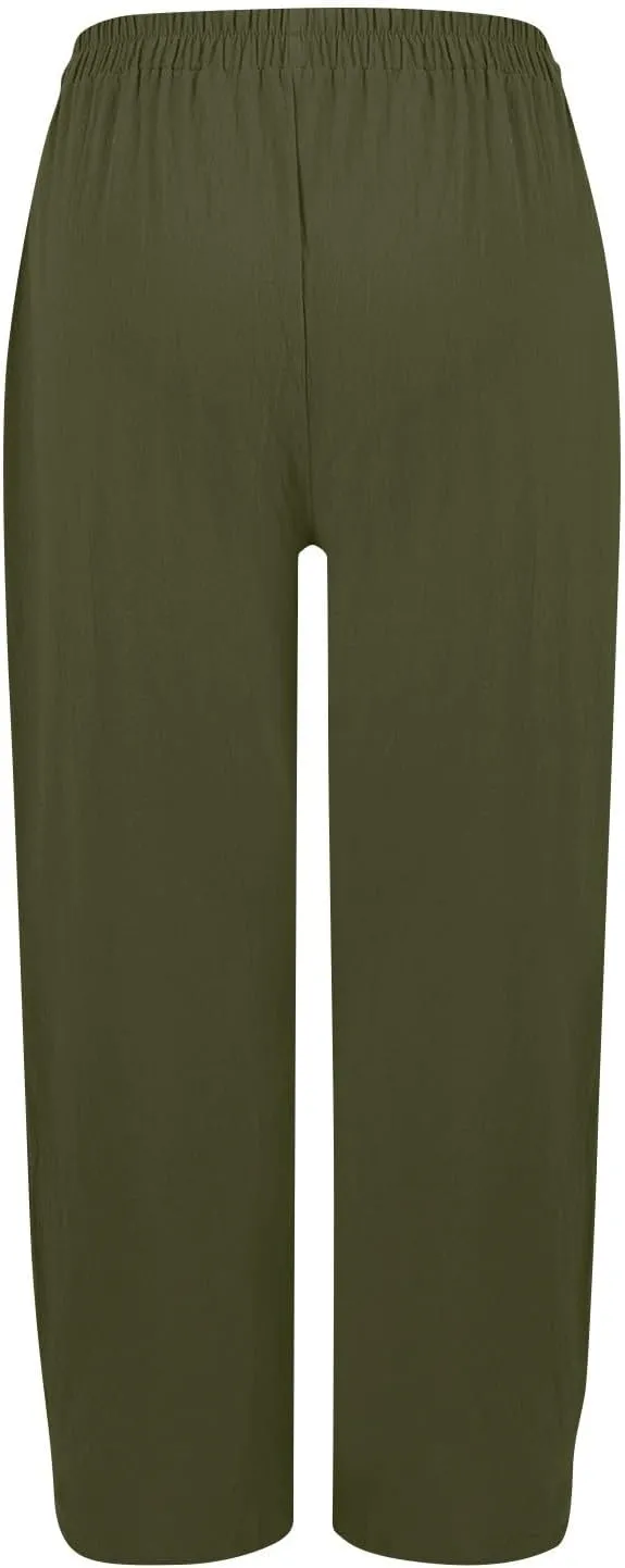 Womens Wide Leg Linen Pants Summer Elastic Waist Beach Pants Loose Fit Comfy Lounge Pants with Pockets Flowy Trousers