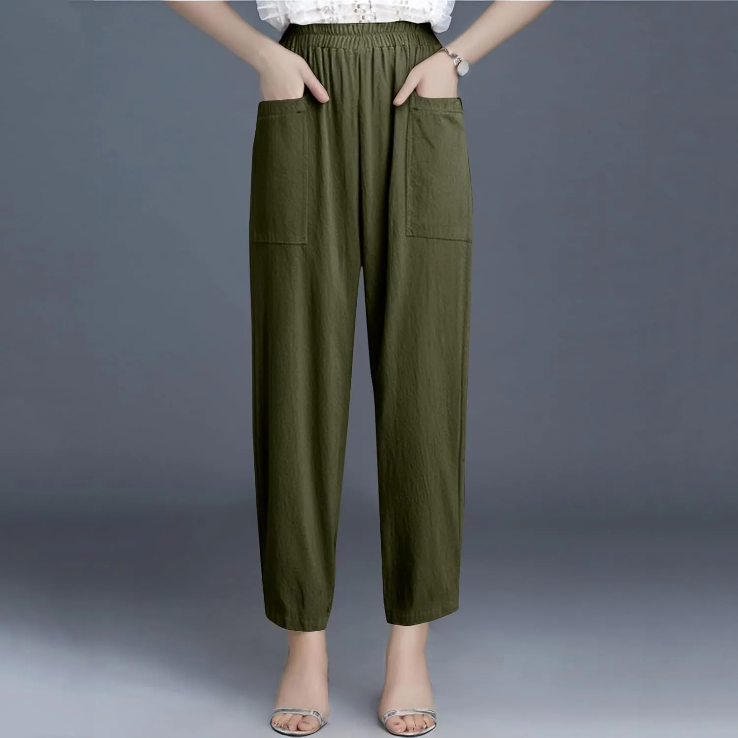Womens Wide Leg Linen Pants Summer Elastic Waist Beach Pants Loose Fit Comfy Lounge Pants with Pockets Flowy Trousers