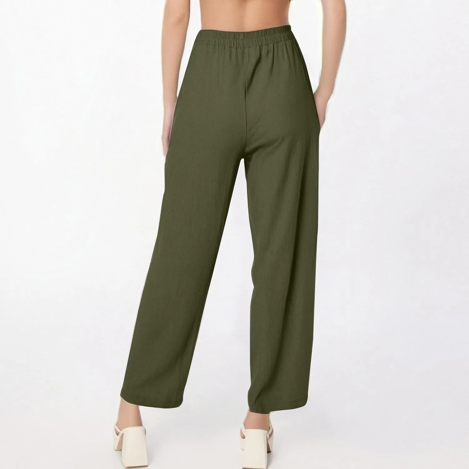Womens Wide Leg Linen Pants Summer Elastic Waist Beach Pants Loose Fit Comfy Lounge Pants with Pockets Flowy Trousers