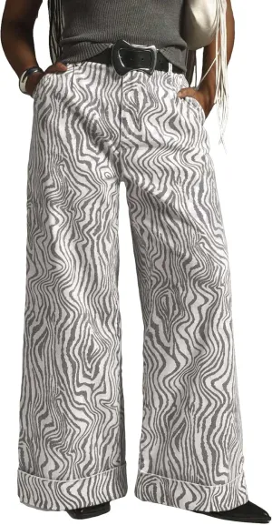 Women's Zebra Printed Wide Leg Pants Double Hem High-Rise Cuffed Baggy Jeans