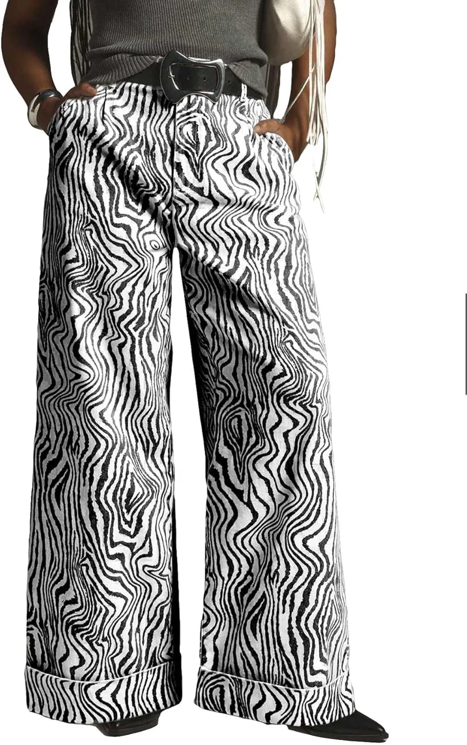 Women's Zebra Printed Wide Leg Pants Double Hem High-Rise Cuffed Baggy Jeans