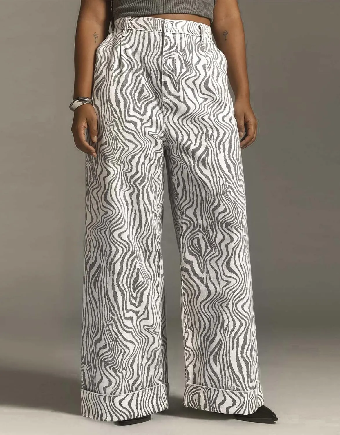 Women's Zebra Printed Wide Leg Pants Double Hem High-Rise Cuffed Baggy Jeans