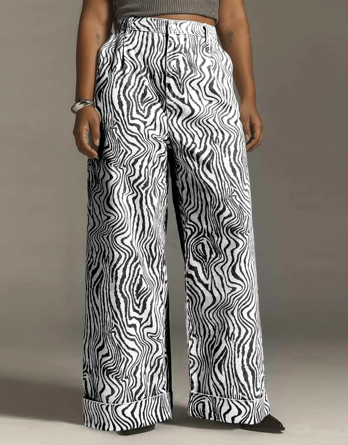 Women's Zebra Printed Wide Leg Pants Double Hem High-Rise Cuffed Baggy Jeans