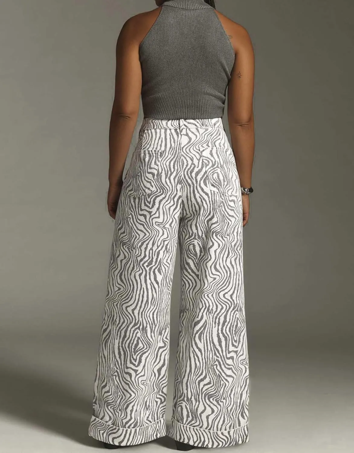 Women's Zebra Printed Wide Leg Pants Double Hem High-Rise Cuffed Baggy Jeans