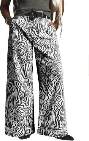 Women's Zebra Printed Wide Leg Pants Double Hem High-Rise Cuffed Baggy Jeans