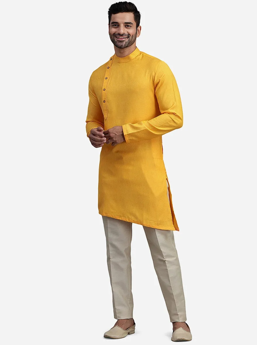 Yellow Silk Self Design Kurta for Men