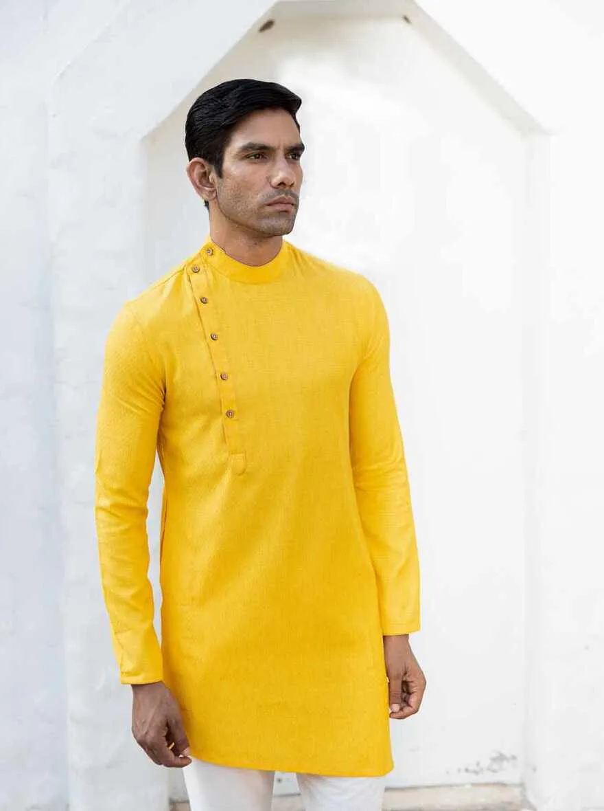 Yellow Silk Self Design Kurta for Men