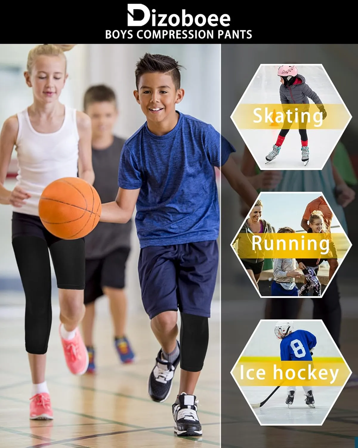 Youth Boys Compression Pants One Leg 3/4 Leggings for Sports Kids Basketball Tights Baseball Football Pants